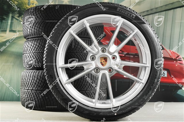 19"+20" Carrera winter wheel set, wheel rims 8,5J x 19 ET52 + 11J x 20 ET80 + Pirelli winter tyres 235/40 R19 + 295/35 R20, with TPMS, Brilliant Silver