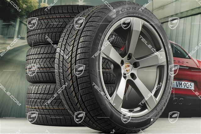 20-inch "Macan Sport" winter wheels set, rims 9J x 20 ET26 + 10J x 20 ET19 + NEW Pirelli winter tyres 265/45 R 20 + 295/40 R 20, platinum satin matt, with TPMS