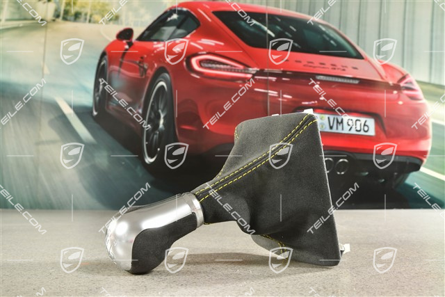 GT4, Shift lever / gear shift knob with Alcantara gaiter / sleeve, 6-speed manual transmission, Black with Racing Yellow stitching