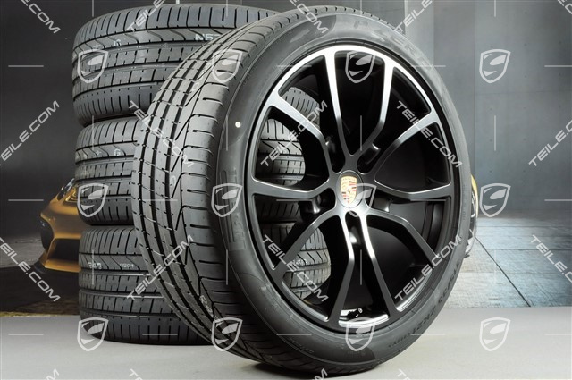 21-inch Cayenne COUPE Exclusive Design summer wheel set, rims 9,5J x 21 ET46 + 11,0J x 21 ET49 + Pirelli summer tyres 285/40 R21 + 315/35 R21, black satin matt, with TPMS