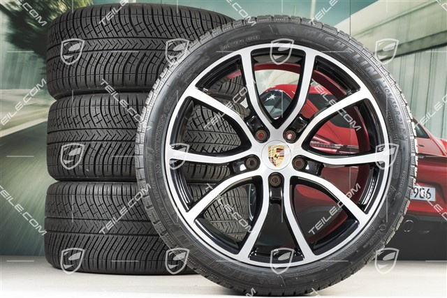 21" Cayenne COUPE Exclusive Design Winterräder Satz, Felgen 9,5J x 21 ET46 + 11,0J x 21 ET49 + Michelin Pilot Alpin 5 Winterreifen 275/40 R21 + 305/35 R21, mit RDK-Sensoren, schwarz hochglanz + Glanzdrehbereichen