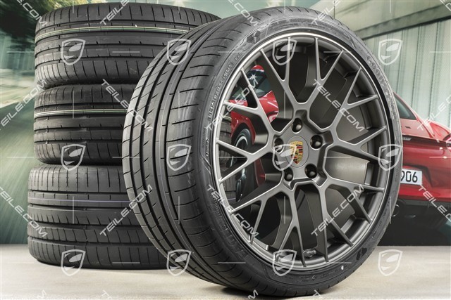 20+21-inch summer wheel set RS Spyder Design, rims 8,5J x 20 ET53 + 11,5J x 21 ET67 + NEW Goodyear summer tyres 245/35 R20 + 305/30 R21, with TPM, platinum satin matt