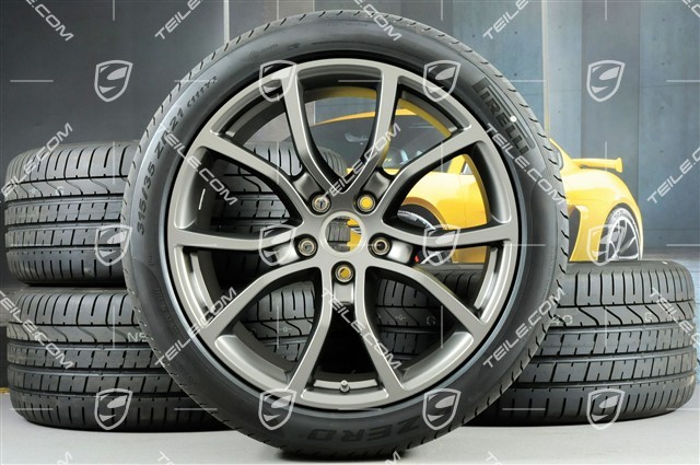 21-inch Cayenne COUPE Exclusive Design summer wheel set, rims 9,5J x 21 ET46 + 11,0J x 21 ET49 + NEW Pirelli summer tyres 285/40 R21 + 315/35 R21, Platinum satin matt, with TPMS