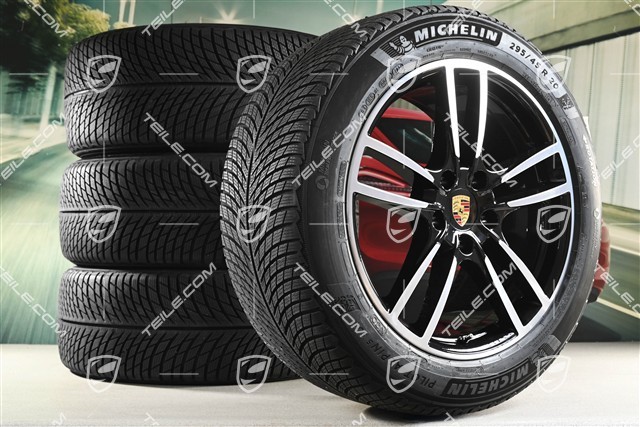 20" koła zimowe Cayenne Sport, komplet, felgi 9J x 20 ET50 + 10,5J x 20 ET55 + opony zimowe Michelin 255/55 R20 + 295/45 R20, z czujnikami ciśnienia, czarny wysoki połysk
