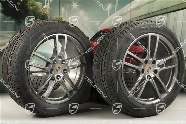 20-inch Cayenne COUPE Sport winter wheel set, rims 9J x 20 ET50 + 10,5J x 20 ET55 + NEW Continental winter tyres 275/45 R20 + 305/40 R20, with TPMS, Platinum satin matt