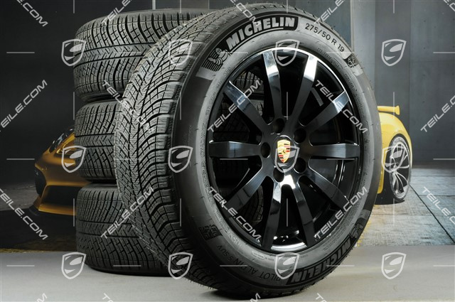 19" Cayenne S Winterräder Satz, Felgen 8,5J x 19 ET47 + 9,5J x 19 ET54 + NEUE Michelin Winterreifen 255/55 R19 + 275/50 R19, mit RDK-Sensoren, schwarz hochglanz
