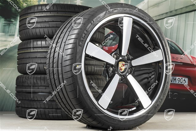 20+21-inch summer wheel set Carrera Exclusive Design, rims 8,5J x 20 ET53 + 11,5J x 21 ET67 + NEW summer tyres 245/35 R20 + 305/30 R21, black high gloss, with TPM