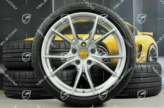 20" Carrera S summer wheel set, rims 8J x 20 ET57 + 10J x 20 ET45 + NEW Pirelli summer tires 235/35 ZR20 + 265/35 ZR20, silver, with TPMS