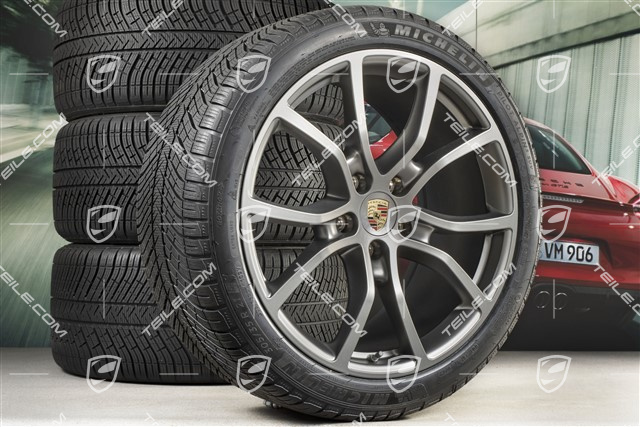 21-inch Cayenne COUPE Exclusive Design winter wheel set, rims 9,5J x 21 ET46 + 11,0J x 21 ET49 + Michelin Pilot Alpin 5 winter tyres 275/40 R21 + 305/35 R21, with TPMS, Platinum satin-mat