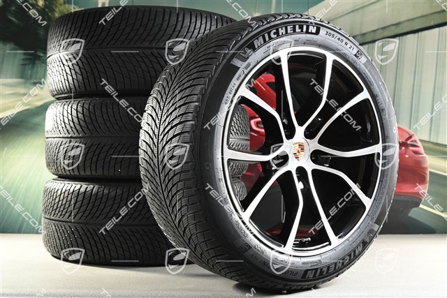 21" Cayenne COUPE Exclusive Design Winterräder Satz, Felgen 9,5J x 21 ET46 + 11,0J x 21 ET49 + Michelin Pilot Alpin 5 SUV Winterreifen 285/45 R21 + 305/40 R21, mit RDK-Sensoren, schwarz hochglanz