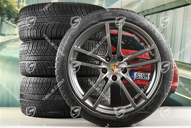 21" koła zimowe Cayenne Turbo, komplet, felgi 9,5J x 21 ET46 + 11,0J x 21 ET58 + Michelin winter tyres 275/40 R21 + 305/35 R21, with TPMS, Platinum satin matt
