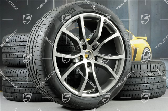 21-inch Cayenne Exclusive Design summer wheel set, rims 9,5J x 21 ET46 + 11,0J x 21 ET58 + Pirelli P Zero summer tyres 285/40 R21 + 315/35 R21, with TPMS, Platinum satin matt