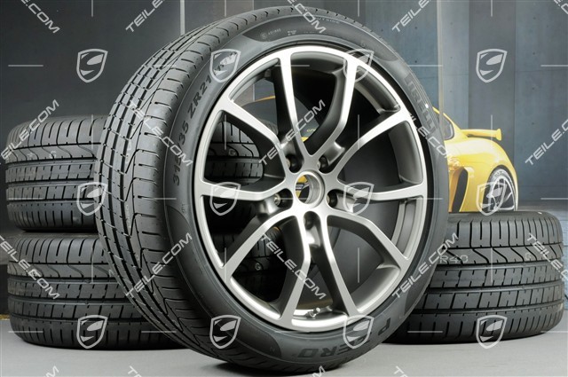 21-inch Cayenne COUPE Exclusive Design summer wheel set, rims 9,5J x 21 ET46 + 11,0J x 21 ET49 + NEW Pirelli summer tyres 285/40 R21 + 315/35 R21, Platinum satin matt, with TPMS