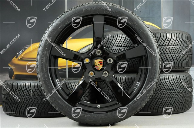 19" Cayman S Winterräder Satz, Felgen 8J x 19 ET57 + 10J x 19 ET45 + NEUE Michelin Pilot Alpin 4 Winterreifen 235/40 R19 + 265/40 R19, schwarz hochglanz