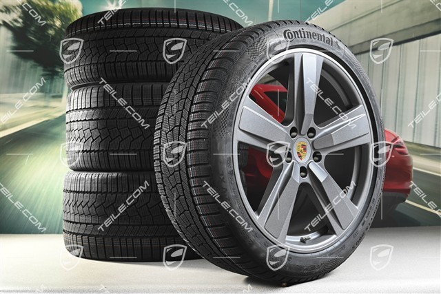 22" Koła zimowe, komplet, Cayenne Exclusive Design Sport, felgi 10J x 22 ET48 +11,5J x 22 ET52 + opony zimowe Continental 285/40 R22 + 315/35 R22, Vesuvius Grey