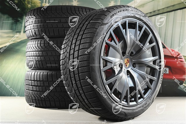 20" Taycan Turbo S Aero Design Winterräder Satz, Felgen 9J x 20 ET54 + 11J x 20 ET60 + NEUE Pirelli Winterreifen 245/45 R20 + 285/40 R20, Anthrazitgrau