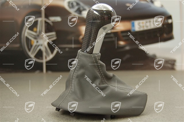 Gear shift knob CARBON, ALU-Look, for manual transmission, leather, stone grey