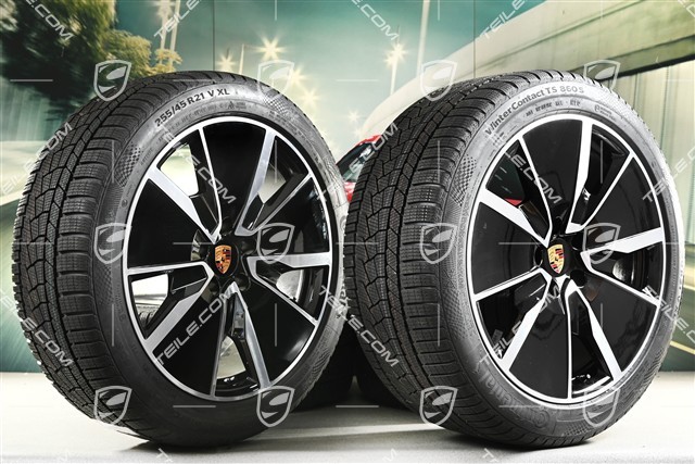 21" Macan Turbo Winterräder Satz, Felgen 8,5J x 21 ET27 + 10,5J x 21 ET47 + Continental Winterreifen 255/45 R21 + 285/40 R21, in Schwarz Hochglanz