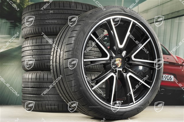 21" Panamera Exclusive Design Sommerräder, Felgen 9,5J x 21 ET71 + 11,5J x 21 ET69 + NEUE Pirelli Sommerreifen 275/35 ZR21 + 315/30 ZR21, schwarz, mit RDK-Sensoren