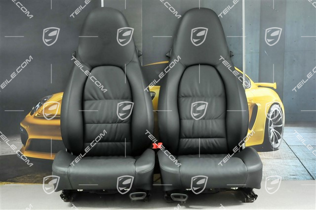 Seats, manual adjustable, heating, leather, Black, Draped, Porsche crest, set (L+R)