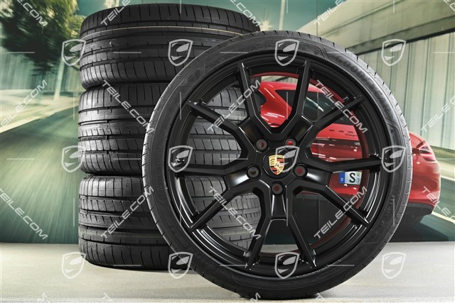 21" RS Spyder design summer wheels set, rims 9.5J x 21 ET60 + 11.5J x 21 ET66 + Goodyear summer tyres 265/35 R21 + 305/30 R21, black satin matt