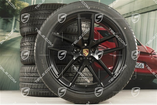 20-inch "Macan S" summer wheels set, rims 9J x 20 ET26 + 10J x 20 ET19 + NEW Pirelli summer tyres 265/45 R20 + 295/40 R20, Black satin mat, with TPMS