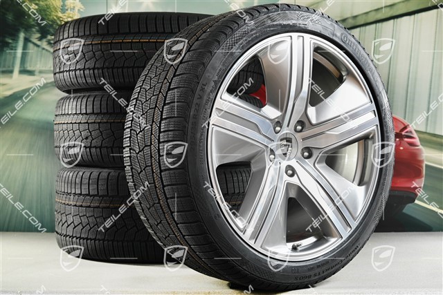22-inch Macan Exclusive Design winter wheel set, rims 9J x 22 ET29 + 11J x 22 ET47 + Continental winter tyres 255/40 R22 + 295/35 R22, Platin Silver