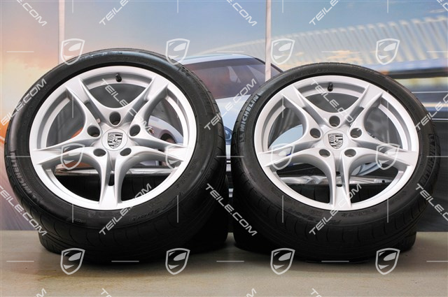 18-inch summer wheels set Cayman S II, rims 8J x 18 ET57 + 9J x 18 ET43 + NEW summer tyres 235/40 R18 + 265/40 R18, without TPM