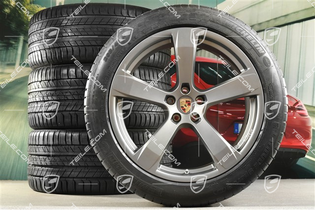 20-inch "Macan Sport" summer wheels set, rims 9J x 20 ET26 + 10J x 20 ET19, NEW Michelin summer tyres 265/45 R 20 + 295/40 R 20, platinum satin matt, with TPMS
