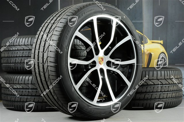 21" koła letnie Cayenne COUPE Exclusive Design, komplet, felgi 9,5J x 21 ET46 + 11,0J x 21 ET49 + NOWE opony letnie Pirelli 285/40 R21 + 315/35 R21, czarny wysoki połysk, z czujnikami ciśnienia