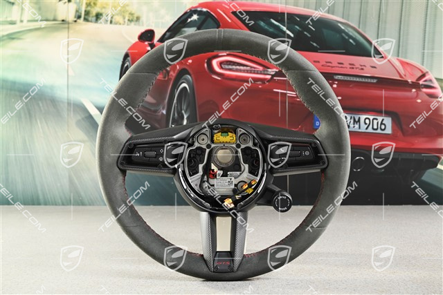 Sportlenkrad GT Carbon, Sport Chrono Paket Plus, beheizbar, Alcantara Race Tex, Schwarz mit Rot Naht Faden GTS