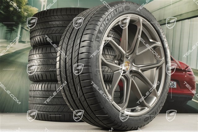 21" GT Design summer wheel set, wheel rims 9,5J x 21 ET27 + 10J x 21 ET19 + NEW Michelin summer tyres 265/40 R21 + 295/35 R21, platinum satin matt, with TPM