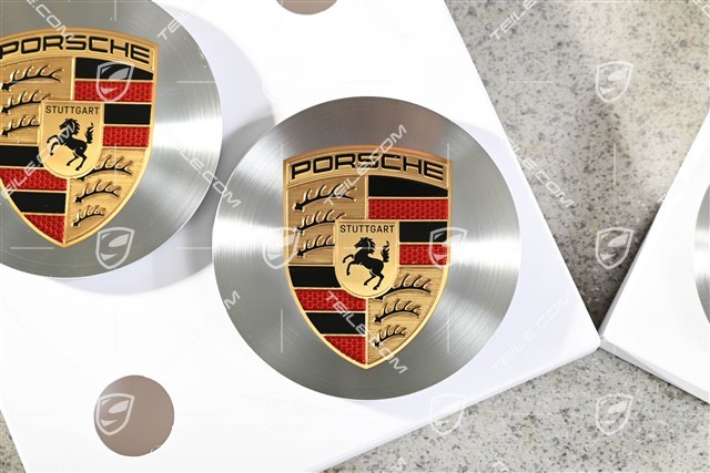Radzierdeckel, konkav, Rotations-Schliff / glanzgedreht, Porsche Wappen t, 4er-Set