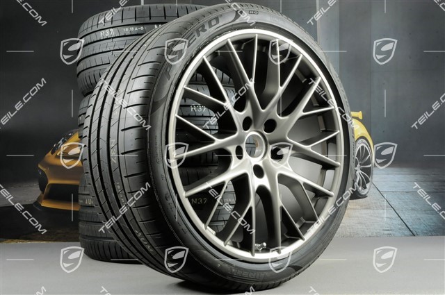 21" Koła letnie Panamera SportDesign, felgi 9,5J x 21 ET71 + 11,5J x 21 ET69 + NOWE opony letnie Pirelli 275/35 ZR21 + 315/30 ZR21, z czujnikami ciśnienia, Platinum półmat satyna