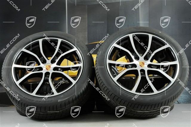 21" koła letnie Cayenne COUPE Exclusive Design, komplet, felgi 9,5J x 21 ET46 + 11,0J x 21 ET49 + NOWE opony letnie Pirelli 285/40 R21 + 315/35 R21, czarny wysoki połysk, z czujnikami ciśnienia