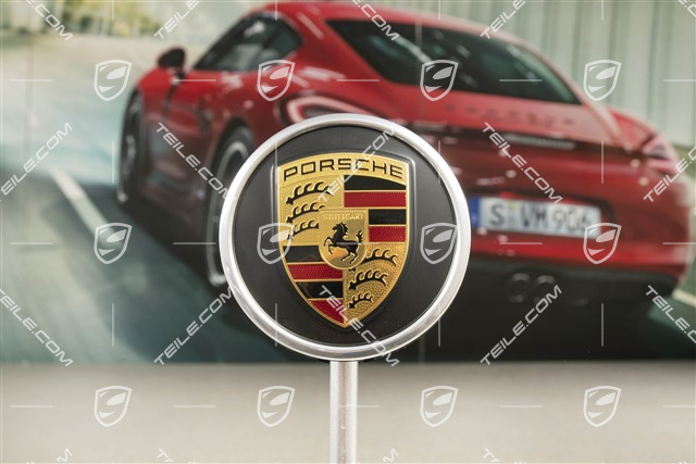 Anniversary "25 years Boxster" Wheel hub cap, crest coloured, black satin matt