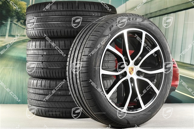 21-inch Cayenne Coupe Exclusive Design summer wheel set, rims 9,5J x 21 ET46 + 11,0J x 21 ET49 + Pirelli P Zero summer tyres 285/45 R21 + 315/40 R21, with TPMS, Jet Black Metallic