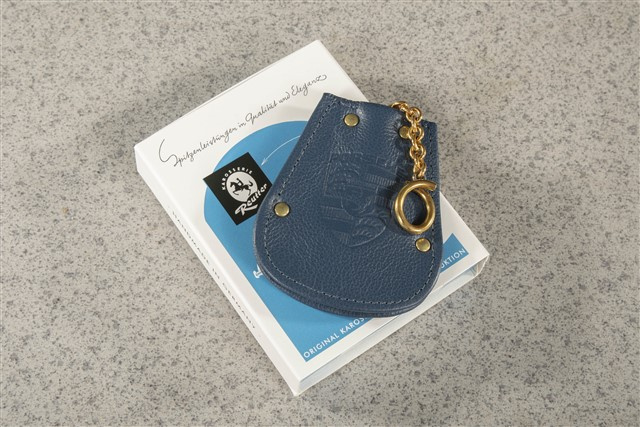 Schlüssel Etui, Logo REUTTER + Porsche Wappen, Leder in Blau