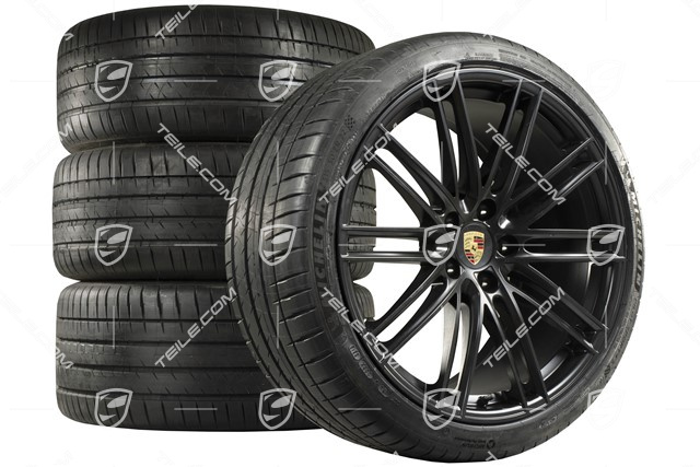 22-inch Cayenne Coupé Turbo IV summer wheel set, rims 10J x 22 ET48 + 11,5J x 22 ET52 + NEW Pirelli P Zero summer tyres 285/35 R22 + 315/30 R22, with TPMS, black satin matt