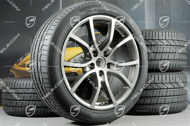 21-inch Cayenne Exclusive Design summer wheel set, rims 9,5J x 21 ET46 + 11,0J x 21 ET58 + Pirelli P Zero summer tyres 285/40 R21 + 315/35 R21, with TPMS, Platinum satin matt