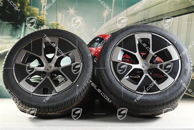 21" koła zimowe Cayenne Turbo Aero, komplet, felgi 9,5J x 21 ET16 + 11J x 21 ET37 + NOWE opony zimowe Goodyear Ultragrip Performance 3 SUV 275/45 R21 + 315/40 R21, czarny satynowy półmat + turbonite