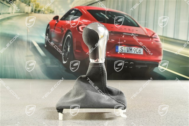 GT4, Shift lever / gear shift knob with Alcantara gaiter / sleeve, 6-speed manual transmission, Black with Platinium Grey stitching