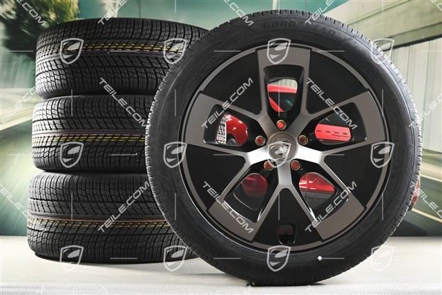 21" koła zimowe Cayenne Turbo Aero, komplet, felgi 9,5J x 21 ET16 + 11J x 21 ET37 + NOWE opony zimowe Goodyear Ultragrip Performance 3 SUV 275/45 R21 + 315/40 R21, czarny satynowy półmat + turbonite