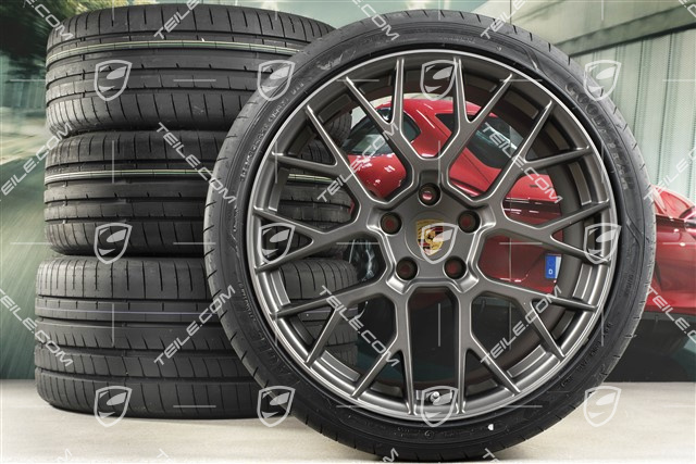 20+21-inch summer wheel set RS Spyder Design, rims 8,5J x 20 ET53 + 11,5J x 21 ET67 + Goodyear summer tyres 245/35 R20 + 305/30 R21, with TPM, platinum satin matt