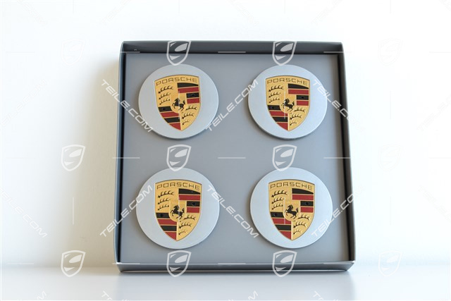 Radzierdeckel Satz (4 Stück), GT-Silbermetallic mit farbigem Porsche Wappen, konvex