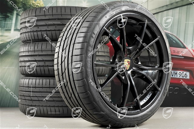 20" Carrera S IV Sommerräder Satz, Felgen 8J x 20 ET57 + 10J x 20 ET45 + NEUE GoodYear Sommerreifen 235/35 ZR20 +265/35 ZR20, schwarz hochglanz, mit RDK-Sensoren