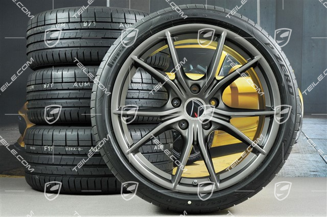 20" Carrera S summer wheels set, rims 8J x 20 ET57 + 10J x 20 ET45 + NEW Pirelli summer tires 235/35 ZR20 + 265/35 ZR20, Platinum satin matt, with TPMS