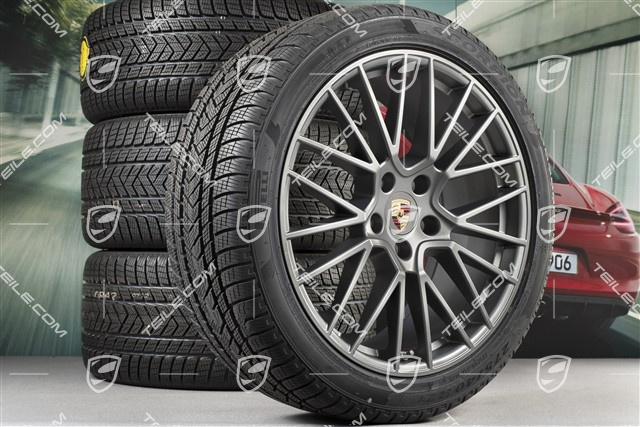21" Cayenne COUPÉ RS Spyder Winterräder Satz, Felgen 9,5J x 21 ET46 + 11,0J x 21 ET49 + Pirelli Winterreifen 275/40 R21 + 305/35 R21, mit RDK-Sensoren, Platinum Seidenmatt