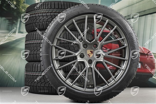 21-inch Cayenne COUPÉ RS Spyder winter wheel set, rims 9,5J x 21 ET46 + 11,0J x 21 ET49 + NEW Continental winter tyres275/40 R21 + 305/35 R21, with TPMS, Platinum satin matt