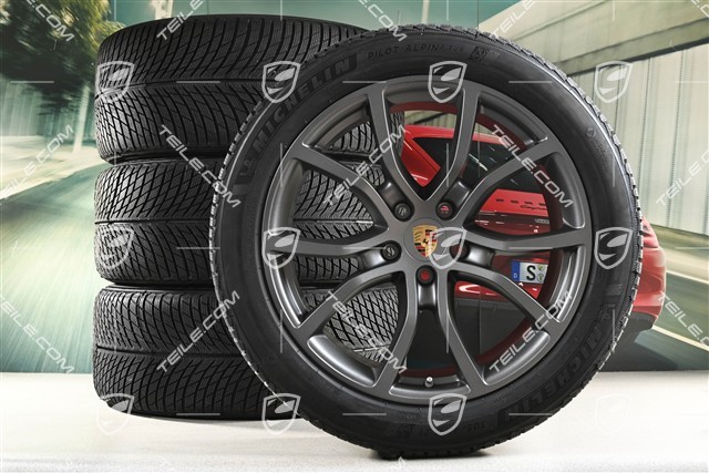 21" koła zimowe Cayenne Exclusive Design, komplet, felgi 9,5J x 21 ET46 + 11,0J x 21 ET49 + opony zimowe Michelin Pilot Alpin 5 SUV 285/45 R21 + 305/40 R21, z czujnikami ciśnienia, Vesuvius Grey
